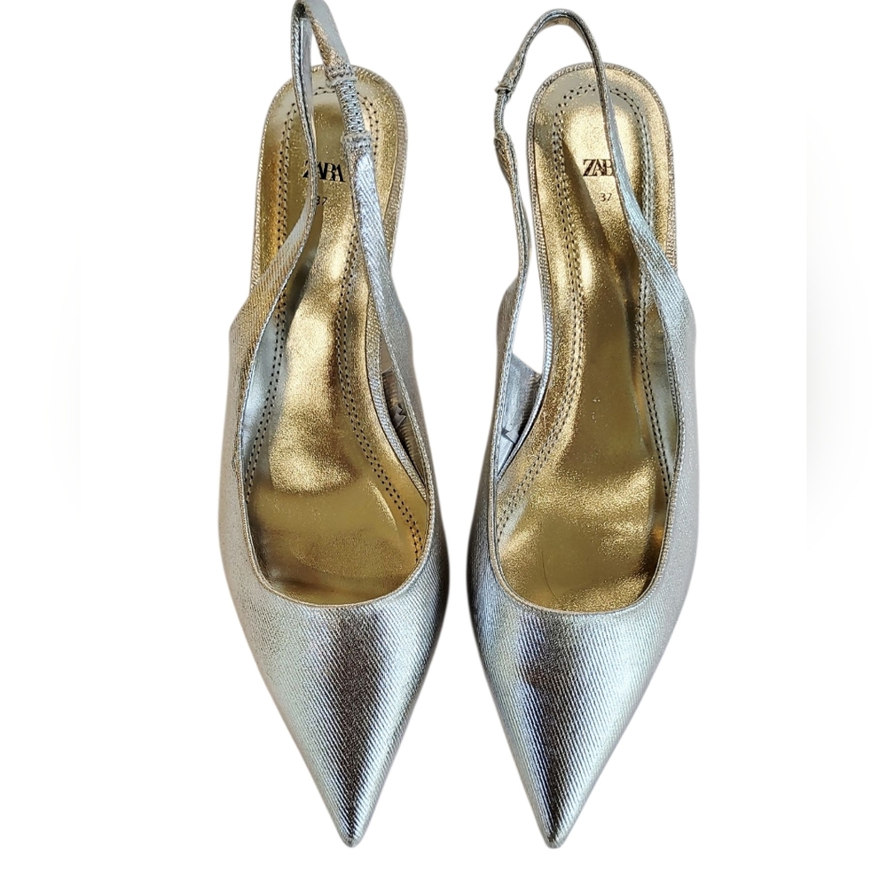 Zara Silver Slingback Kitten Heels